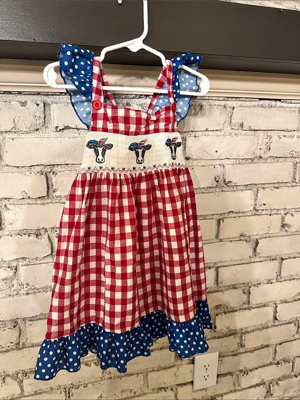 Girls smocked cow Gingham Dress in Red & Blue